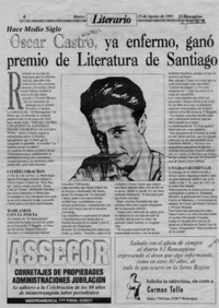 Oscar Castro, ya enfermo, ganó premio de literatura de Santiago  [artículo].