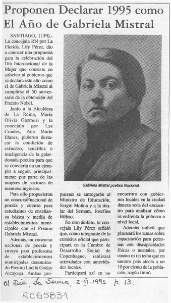 Proponen declarar 1995 como el año de Gabriela Mistral  [artículo].