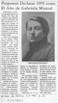 Proponen declarar 1995 como el año de Gabriela Mistral  [artículo].
