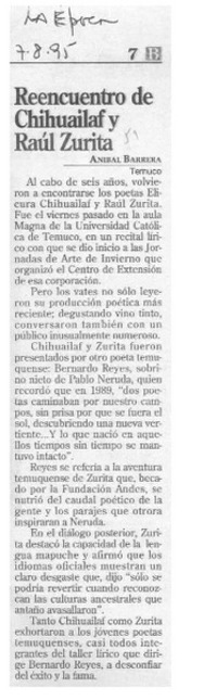 Reencuentro de Chihuailaf y Raúl Zurita  [artículo] Aníbal Barrera.