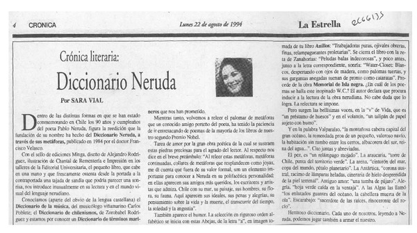 Diccionario Neruda  [artículo] Sara Vial.