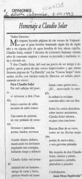 Homenaje a Claudio Solar  [artículo] Juan Meza Sepúlveda.