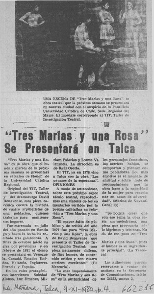 Tres Marías y una Rosa" se presentará en Talca.  [artículo]