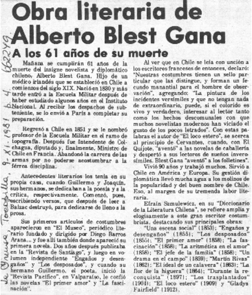 Obra literaria de ALberto Blest Gana, a los 61 años de su muerte.  [artículo]
