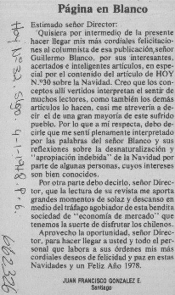 Páginas en Blanco  [artículo] Juan Francisco González E.