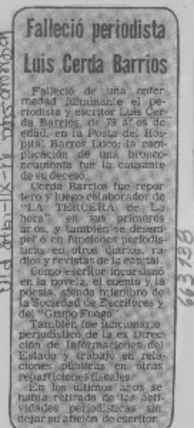 Falleció periodista Luis Cerda Barrios.  [artículo]