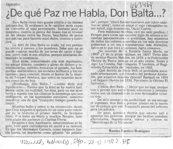 De qué paz me habla, don Balta...?  [artículo] Ramiro Ramírez Rodríguez.