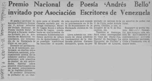 Premio nacional de poesía "Andrés Bello" invitado por Asociación Escritores de Venezuela.  [artículo]