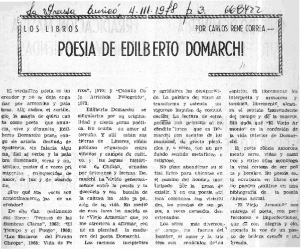 Poesía de Edilberto Domarchi  [artículo] Carlos René Correa.