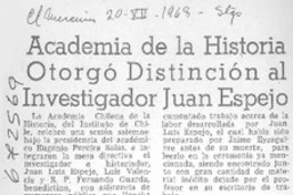 Academia de la Historia otorgó distinción al investigador Juan Espejo.