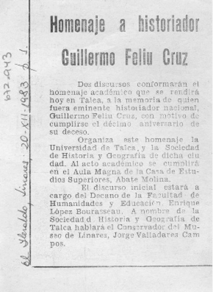 Homenaje a historiador Guillermo Feliú Cruz.