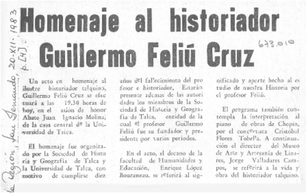 Homenaje al historiador Guillermo Feliú Cruz.