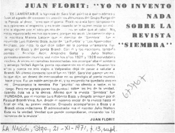Juan Florit: "Yo no invento nada sobre la revista "Siembra".