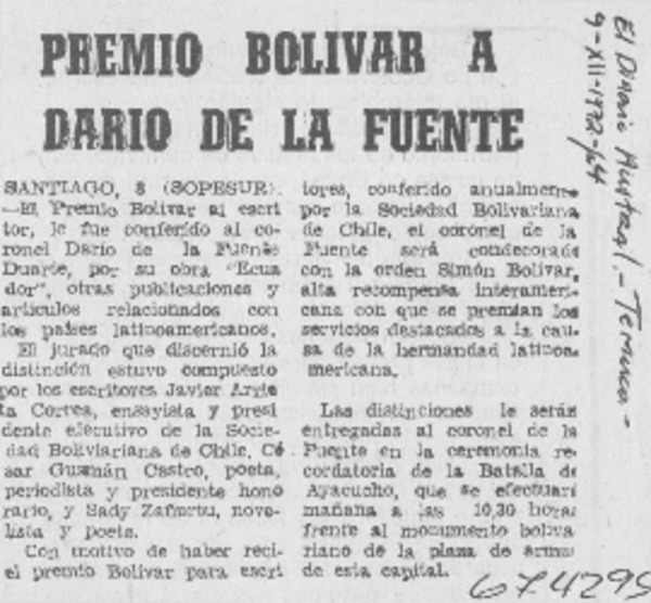 Premio Bolívar a Darío de la Fuente.