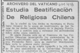 Estudia beatificación de religiosa chilena.