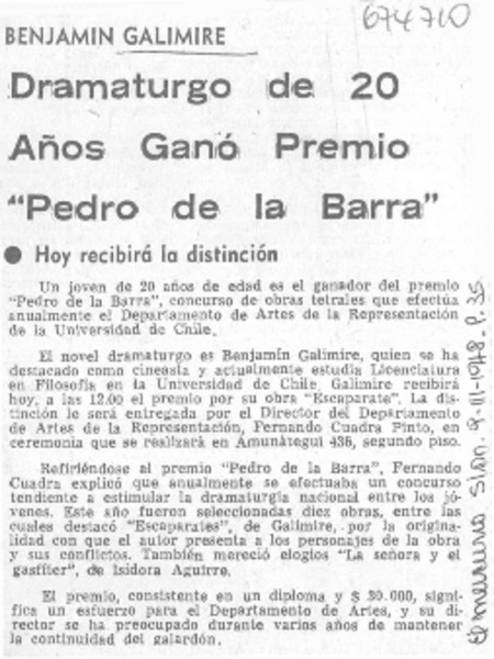 Dramaturgo de 20 años ganó premio "Pedro de la Barra".
