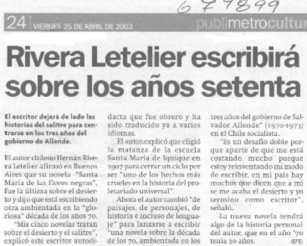 Rivera Letelier escribirá sobre los años setenta.