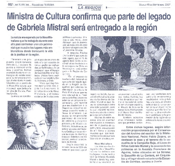 Ministra de Cultura confirma que parte del legado de Gabriela Mistral será entregado a la región