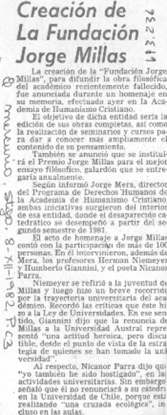Creación de la fundación Jorge Millas.
