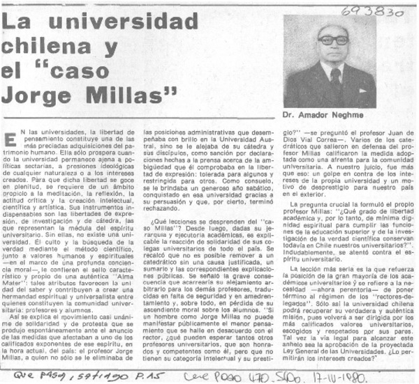 La universidad chilena y el "caso Jorge Millas"