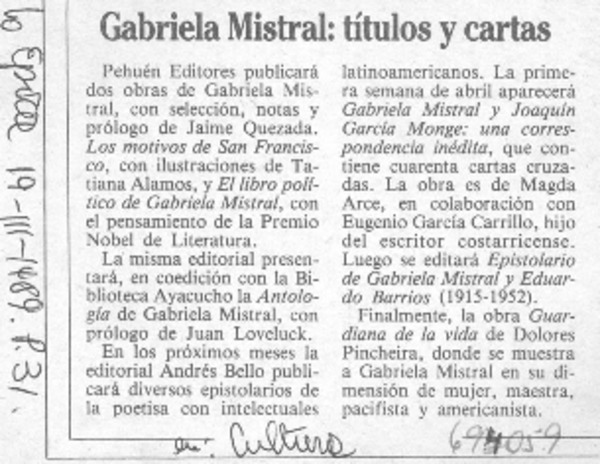 Gabriela Mistral; títulos y cartas.
