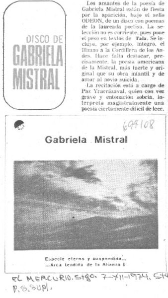 Disco de Gabriela Mistral.