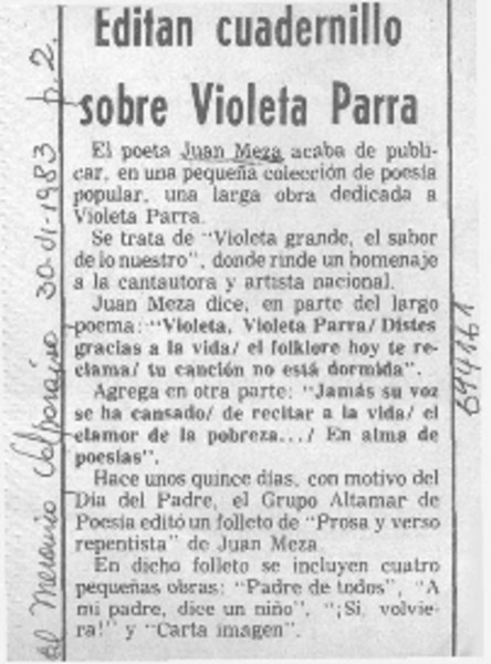 Editan cuadernillo sobre Violeta Parra.