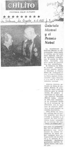 Gabriela Mistral y el premio nobel