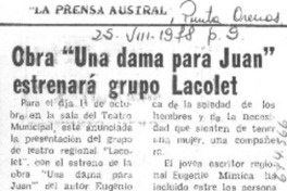 Obra "Una dama para Juan" estrenará grupo Lacolet.