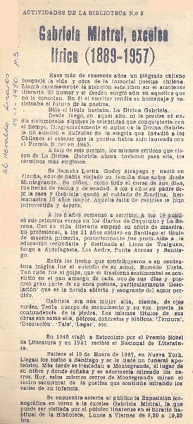 Gabriela Mistral, excelsa lírica (1889-1957).