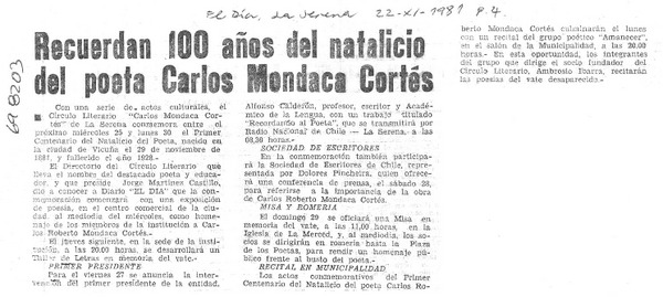 Recuerdan 100 años del nataliciio del poeta Carlos Mondaca Cortés.