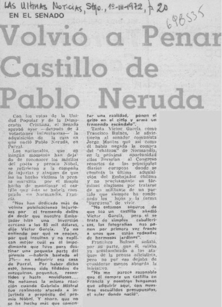 Volvió a penar Castillo de Pablo Neruda.