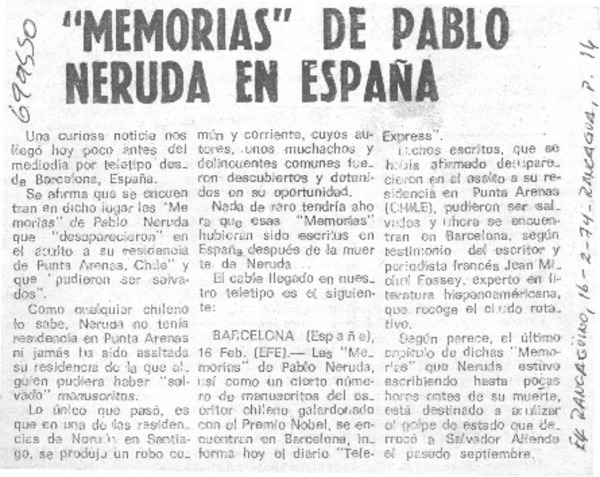 Memorias" de Pablo Neruda en España.
