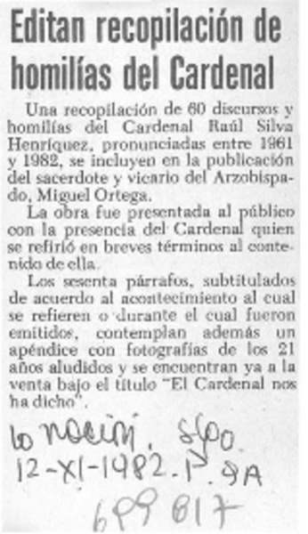 Editan recopilación de homilías del Cardenal.