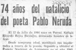 74 años del natalicio del poeta Pablo Neruda