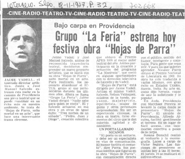 Grupo "la feria" estrena hoy festiva obra "Hojas de Parra".