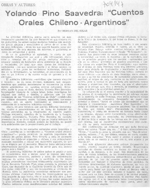 Yolando Pino Saavedra: "Cuentos orales chileno-argentinos"