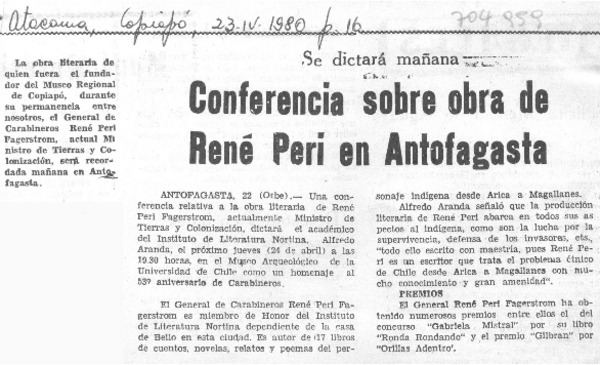 Conferencia sobre obra de René Peri en Antofagasta.