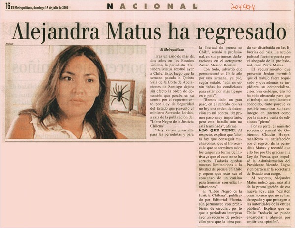 Alejandra Matus ha regresado.