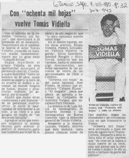 Con "ochenta mil hojas" vuelve Tomás Vidiella.