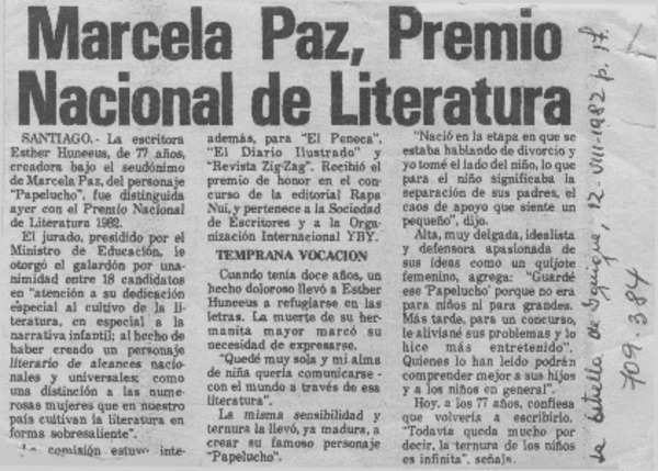 Marcela Paz, Premio Nacional de Literatura.