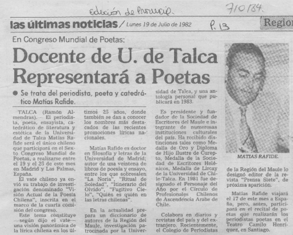 Docente de U. de Talca representará a poetas