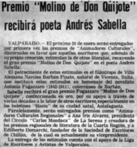 Premio "Molino de don Quijote" recibirá poeta Andrés Sabella.