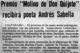 Premio "Molino de don Quijote" recibirá poeta Andrés Sabella.