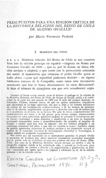 Presupuestos para una edición crítica de La histórica relación del reino de Chile de Alonso de Ovalle