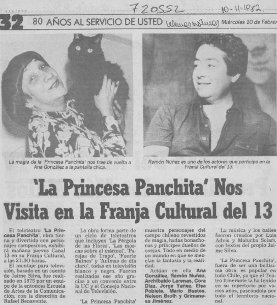 La princesa Panchita" nos visita en la franja cultural del 13.