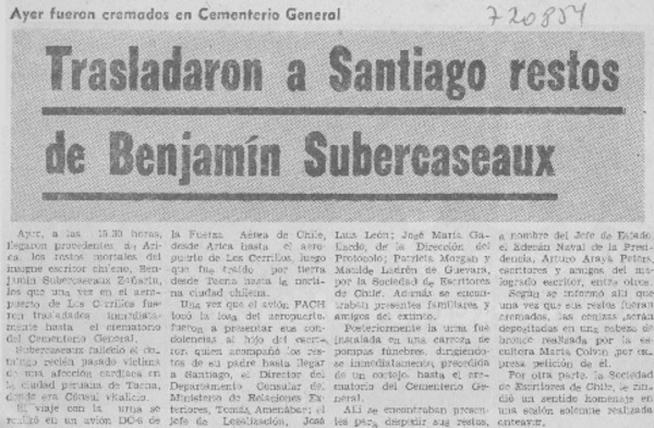 Trasladaron a Santiago restos de Benjamín Subercaseaux.