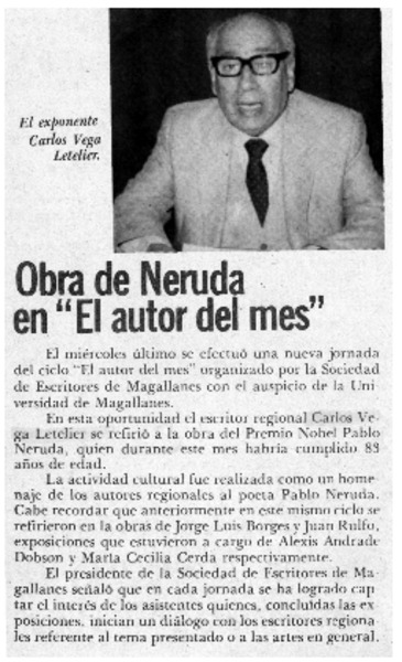 Obra de Neruda en "El autor del mes".