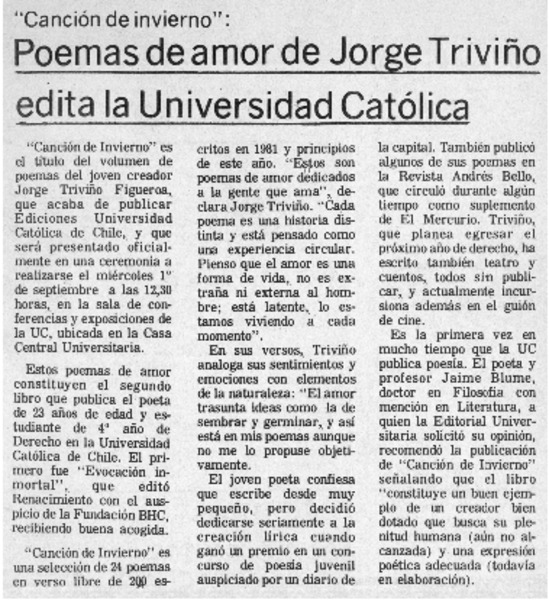Poemas de amor de Jorge Triviño edita la Universidad Católica.