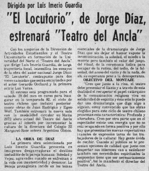 "El locutorio", de Jorge Díaz, estrenará "teatro del ancla".